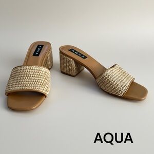 Aqua Tan Woven Block Heel Slide Mules